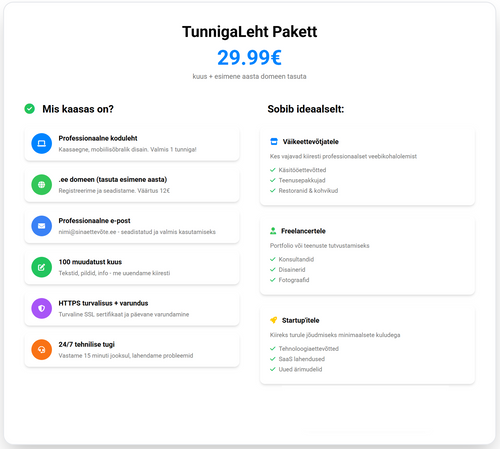 Veebileht Tunniga Basic 29.99€ /kuus